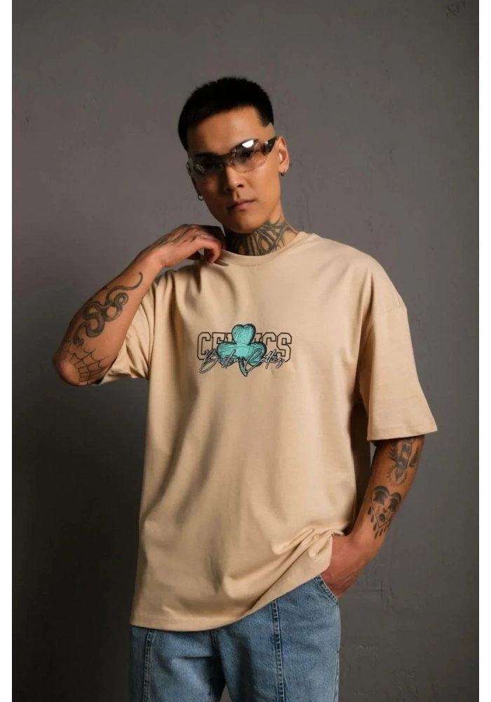 Erkek Kısa Kol Yazlık Tişört Bisiklet Yaka Baskılı Oversize T-Shirt - Bej