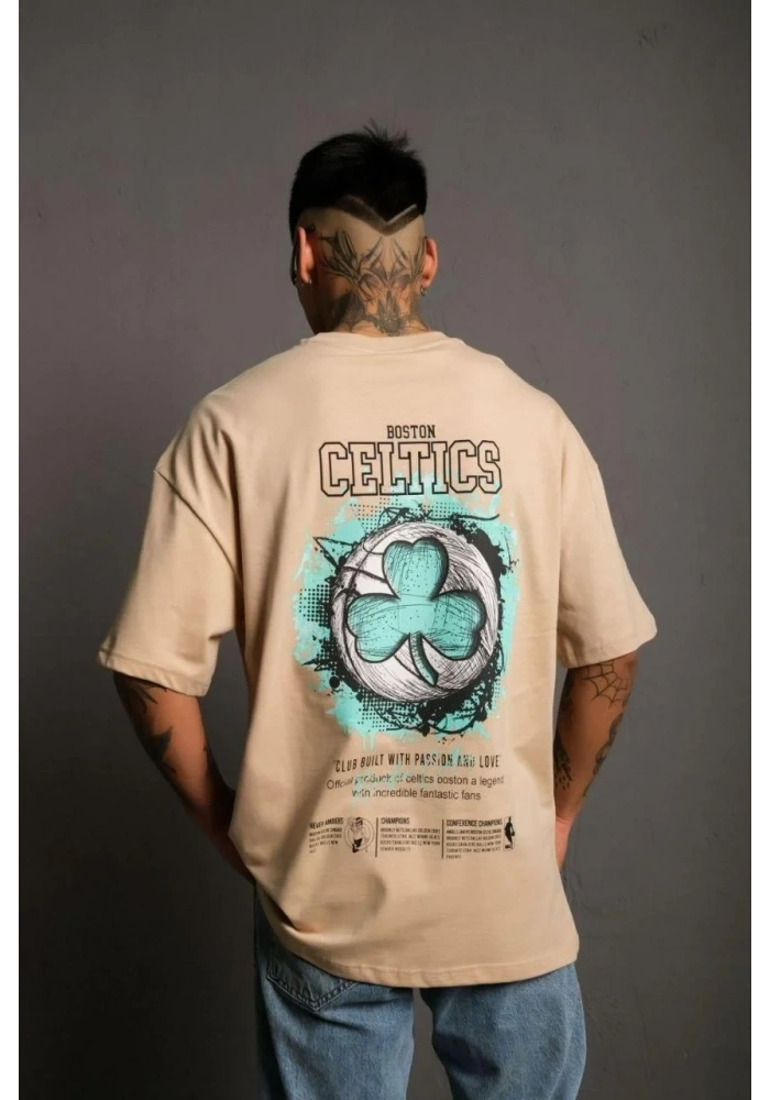 Erkek Kısa Kol Yazlık Tişört Bisiklet Yaka Baskılı Oversize T-Shirt - Bej