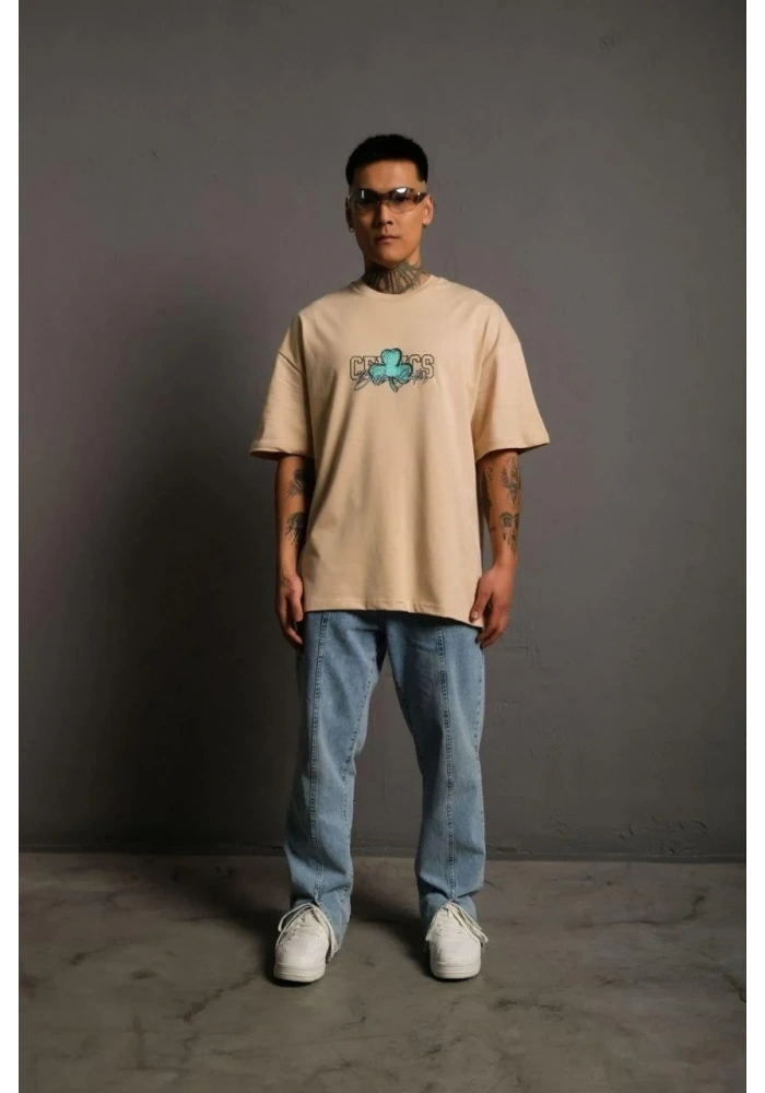 Erkek Kısa Kol Yazlık Tişört Bisiklet Yaka Baskılı Oversize T-Shirt - Bej