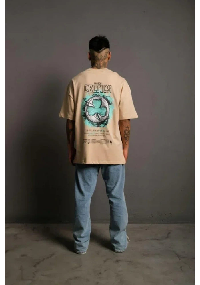 Erkek Sırt Baskılı T-shirt - Bej