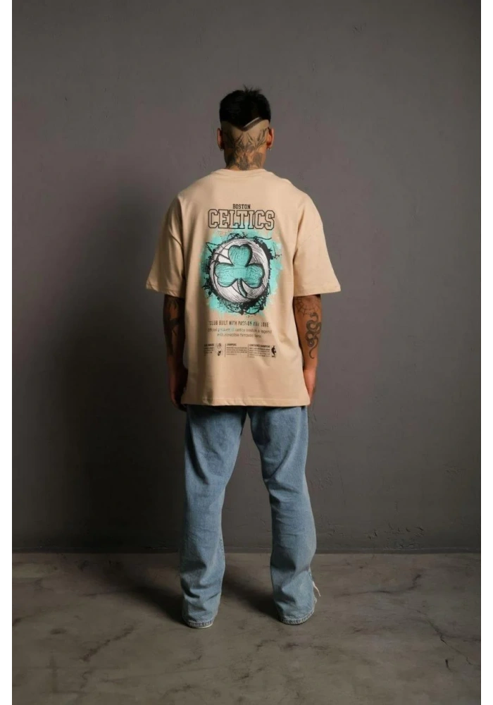 Erkek Sırt Baskılı T-shirt - Bej