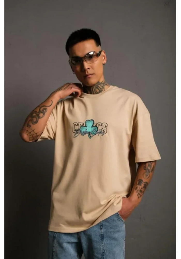 Erkek Sırt Baskılı T-shirt - Bej