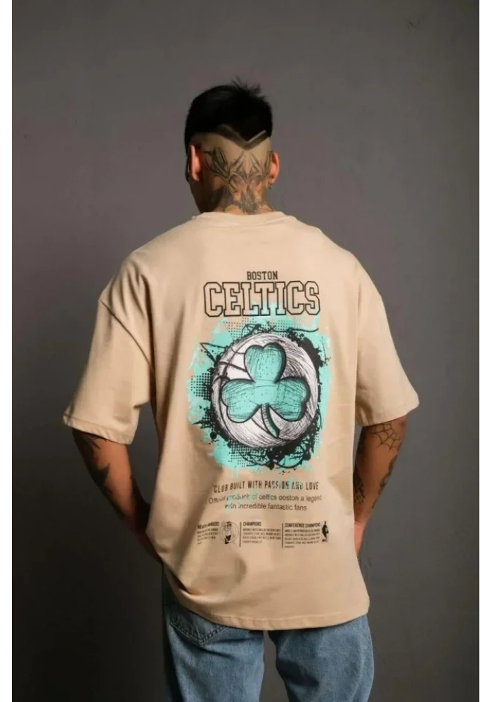 Erkek Sırt Baskılı T-shirt - Bej