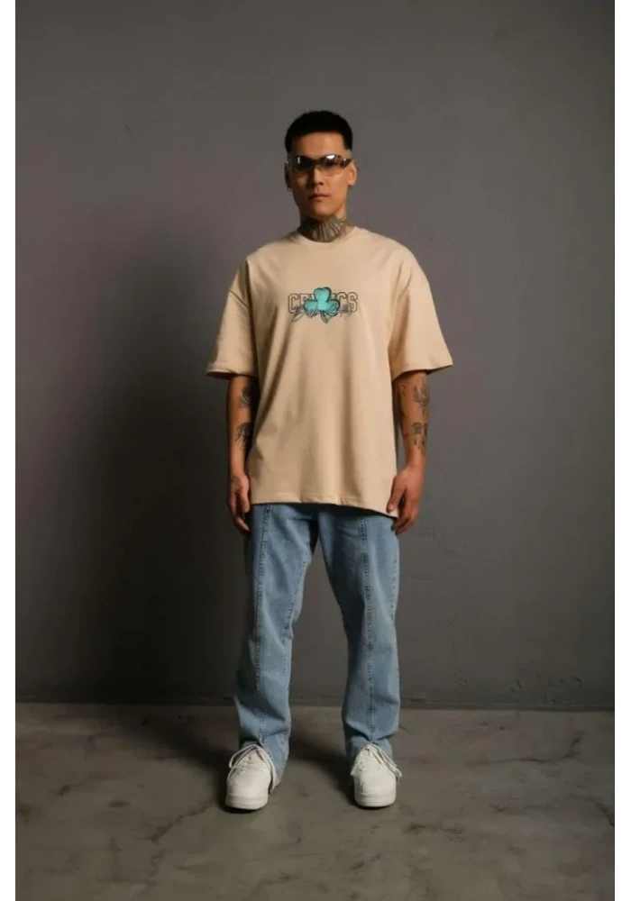 Erkek Sırt Baskılı T-shirt - Bej