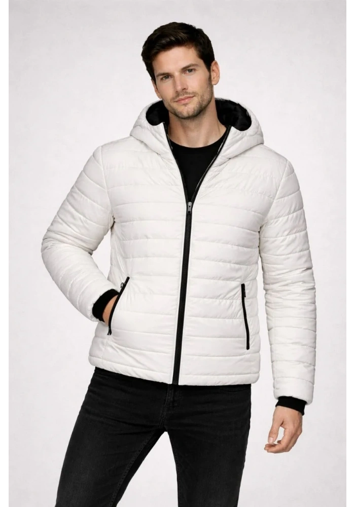 ERKEK Şişme Kapüşonlu Fermuarlı Mont Su İtici Kapitone Cepli Ceket - Krem