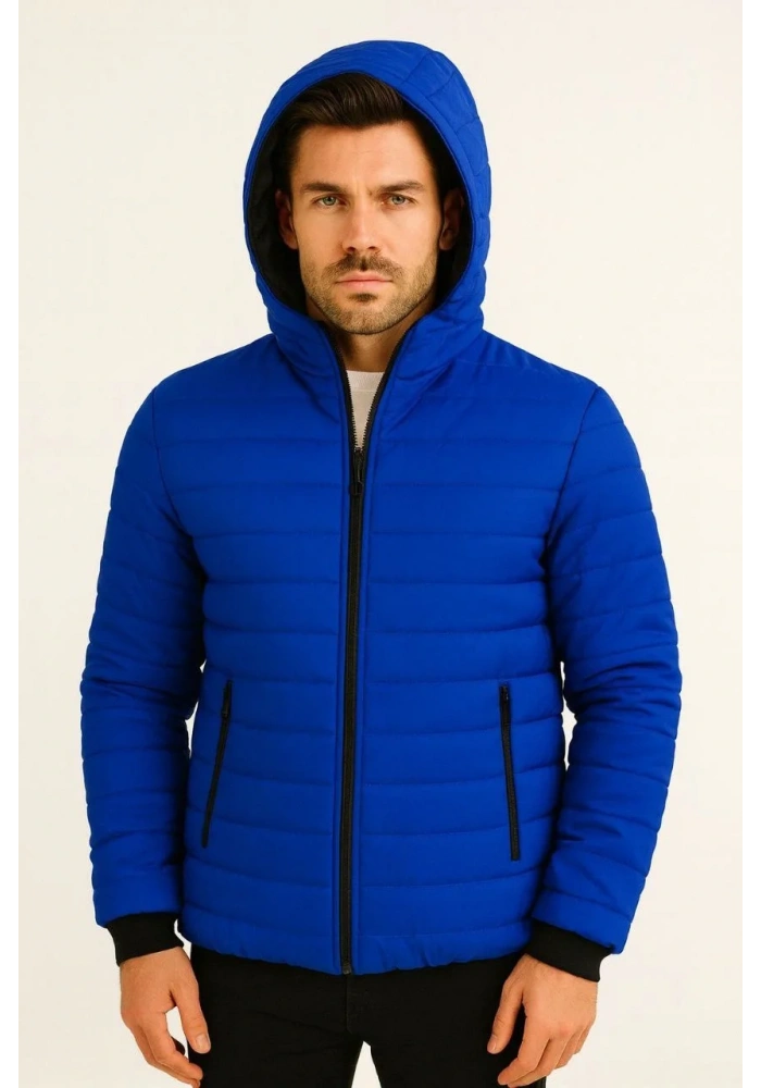 Erkek Şişme Kapüşonlu Fermuarlı Mont Su itici Kapitone Astarlı Cepli Kalıp - Saks Mavisi