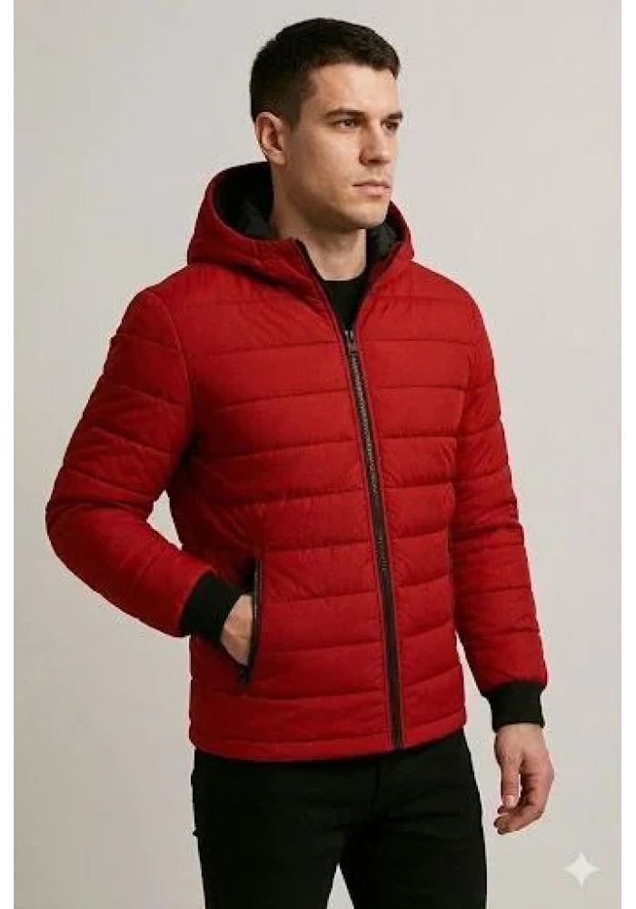 Erkek Şişme Kapüşonlu Fermuarlı Mont Su itici Kapitone Astarlı Kumaş Cepli Kışlık Rahat Kalıp - Kırmızı