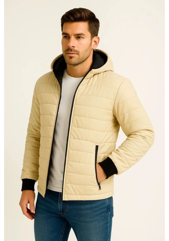 Erkek Şişme Kapüşonlu Fermuarlı Mont Su itici Kapitone Astarlı Kumaş Cepli Kışlık Rahat Kalıp - Bej