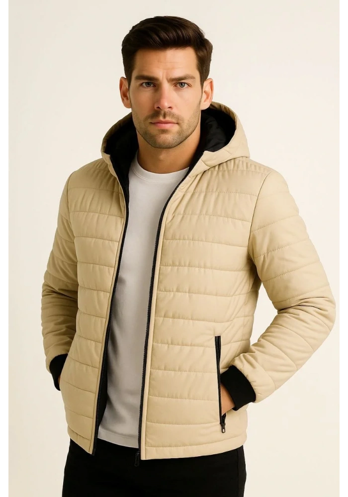 Erkek Şişme Kapüşonlu Fermuarlı Mont Su itici Kapitone Astarlı Kumaş Cepli Kışlık Rahat Kalıp - Bej