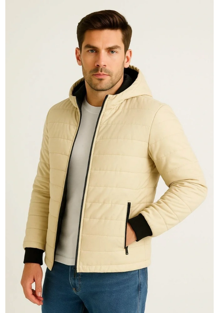 Erkek Şişme Kapüşonlu Fermuarlı Mont Su itici Kapitone Astarlı Kumaş Cepli Kışlık Rahat Kalıp - Bej