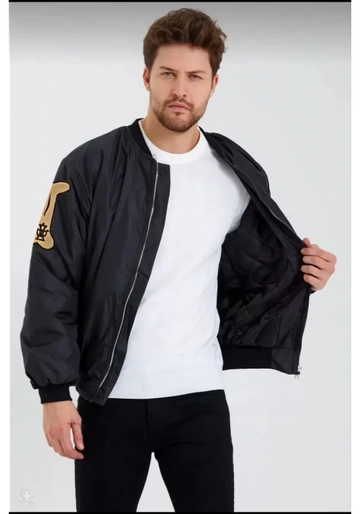 Erkek Siyah Bomber Kolej Mont B Harfi Kemik Baskılı Su İtici Kapitone Astarlı - Siyah