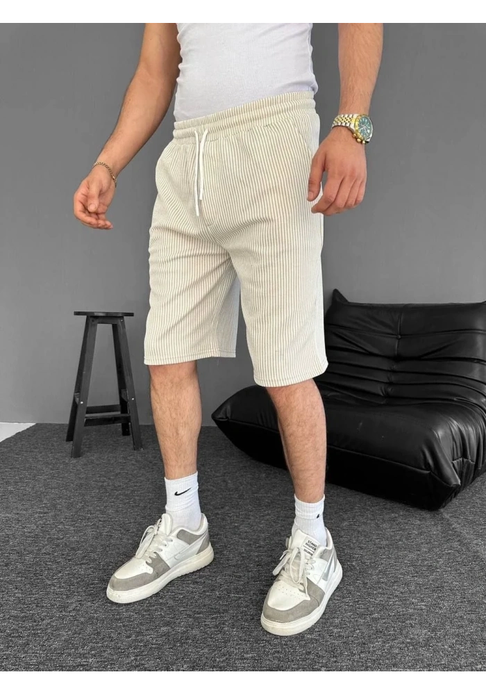 Erkek Su Yolu Çizgili Ön Arka Cepli Şort - Bej