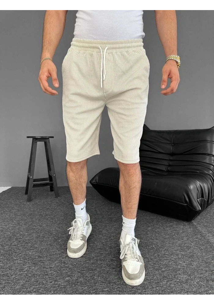 Erkek Su Yolu Çizgili Ön Arka Cepli Şort - Bej