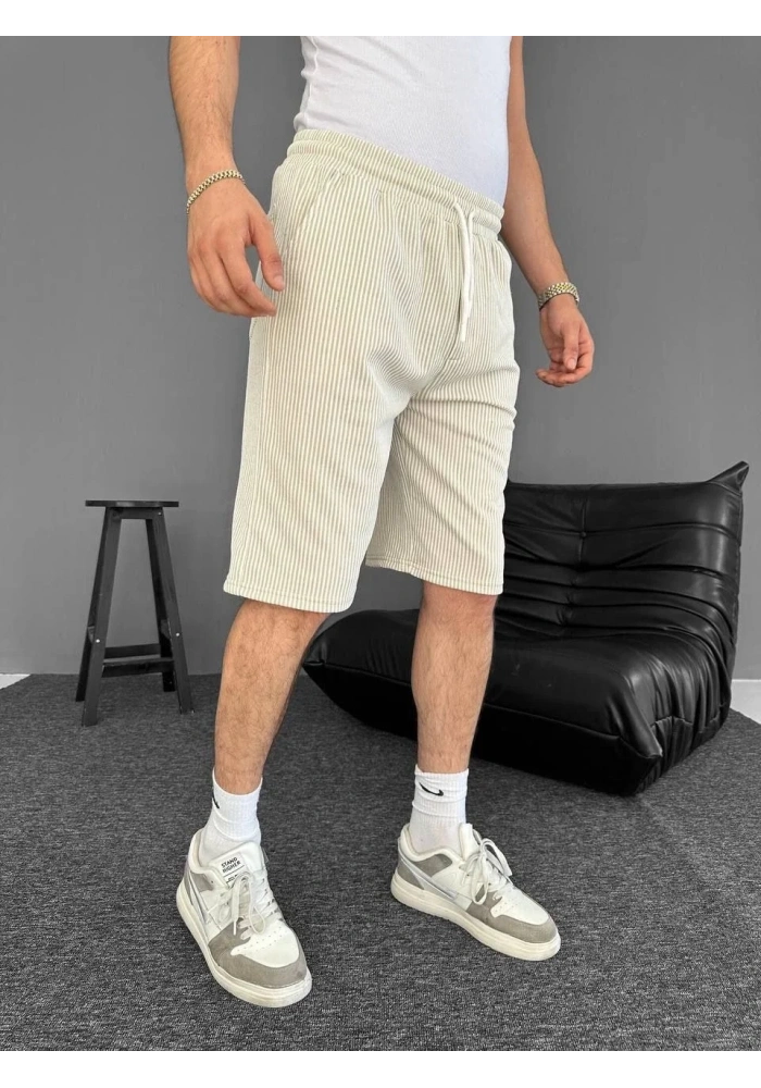 Erkek Su Yolu Çizgili Ön Arka Cepli Şort - Bej