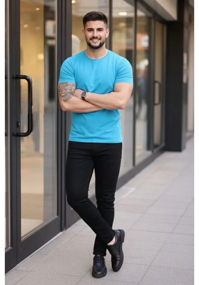 Erkek T-Shirt Bisiklet Yaka Slim Fit dar kesim Likralı Tişört Günlük Basic Body - Açık Mavi