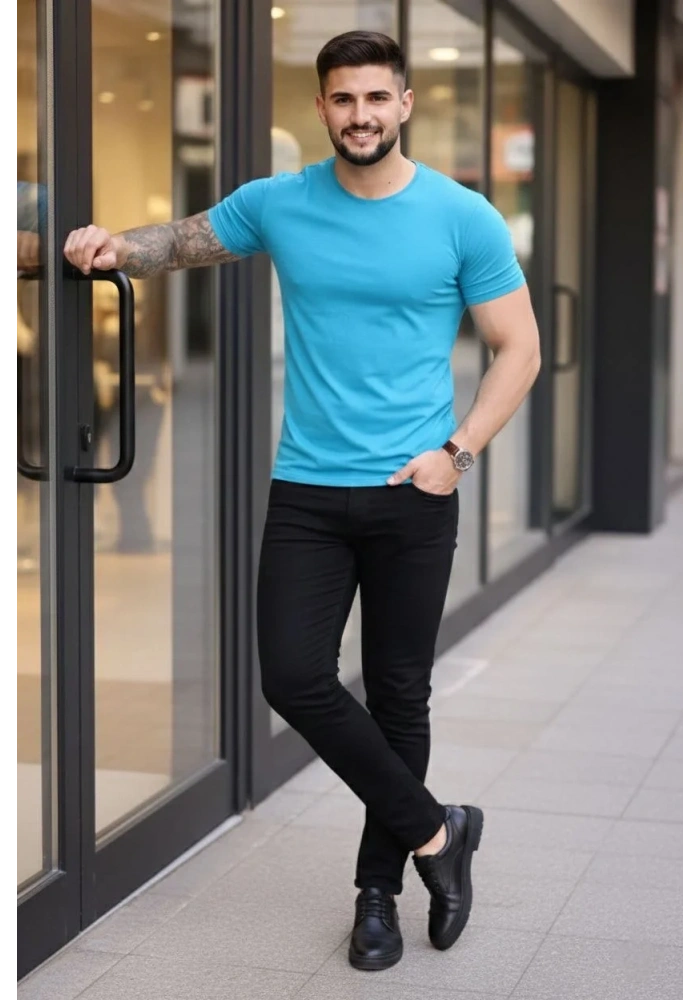 Erkek T-Shirt Bisiklet Yaka Slim Fit dar kesim Likralı Tişört Günlük Basic Body - Açık Mavi