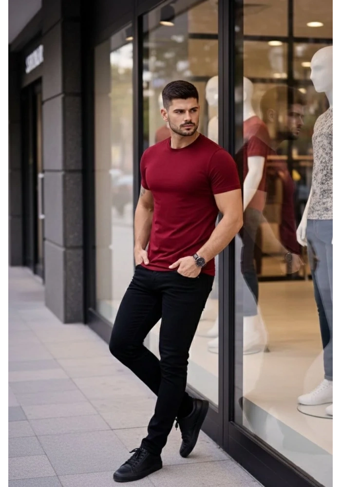 Erkek T-Shirt Bisiklet Yaka Slim Fit dar kesim Likralı Tişört Günlük Basic Body - Bordo