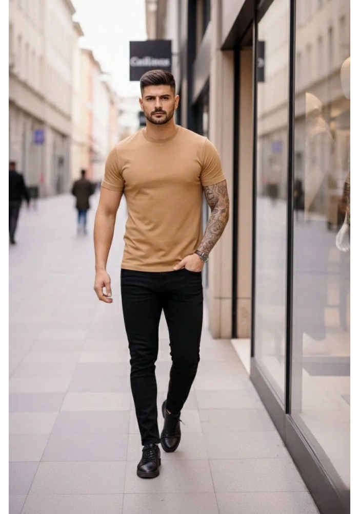 Erkek T-Shirt Bisiklet Yaka Slim Fit dar kesim Likralı Tişört Günlük Basic Body - Kahverengi