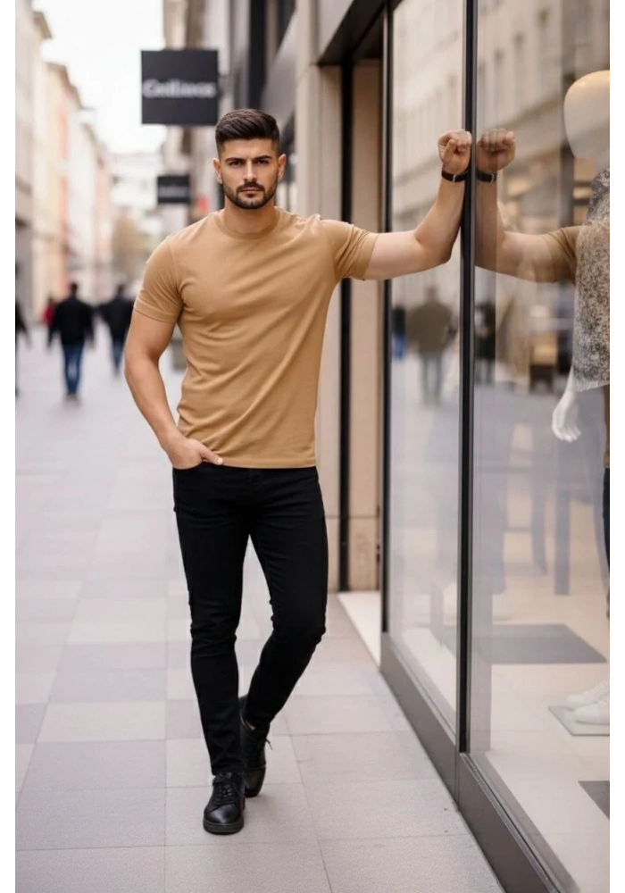 Erkek T-Shirt Bisiklet Yaka Slim Fit dar kesim Likralı Tişört Günlük Basic Body - Kahverengi