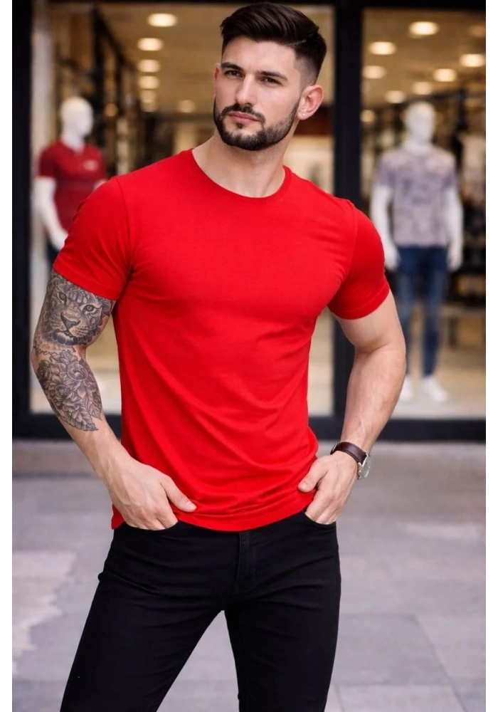 Erkek T-Shirt Bisiklet Yaka Slim Fit dar kesim Likralı Tişört Günlük Basic Body - Kırmızı