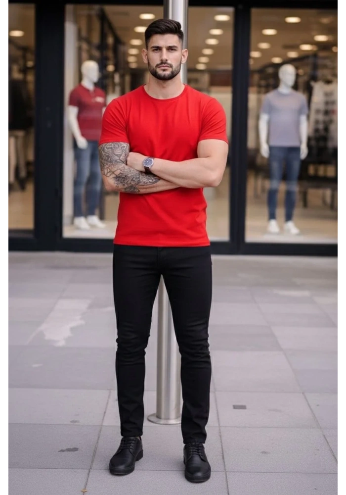Erkek T-Shirt Bisiklet Yaka Slim Fit dar kesim Likralı Tişört Günlük Basic Body - Kırmızı