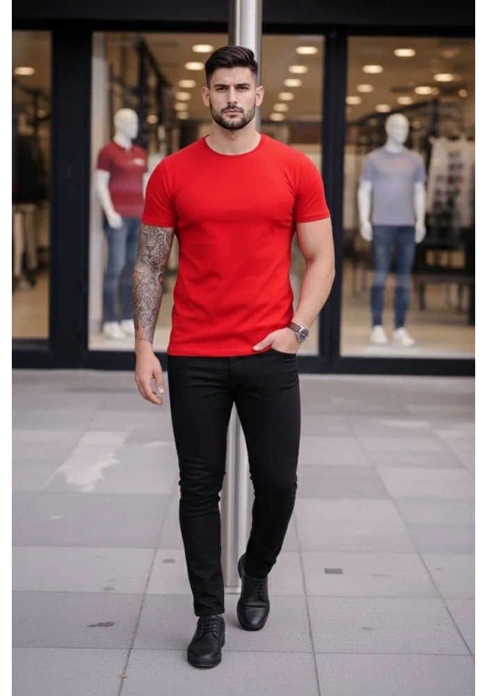Erkek T-Shirt Bisiklet Yaka Slim Fit dar kesim Likralı Tişört Günlük Basic Body - Kırmızı