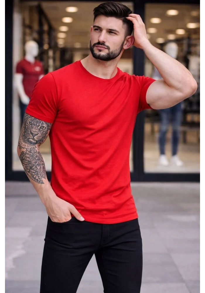 Erkek T-Shirt Bisiklet Yaka Slim Fit dar kesim Likralı Tişört Günlük Basic Body - Kırmızı