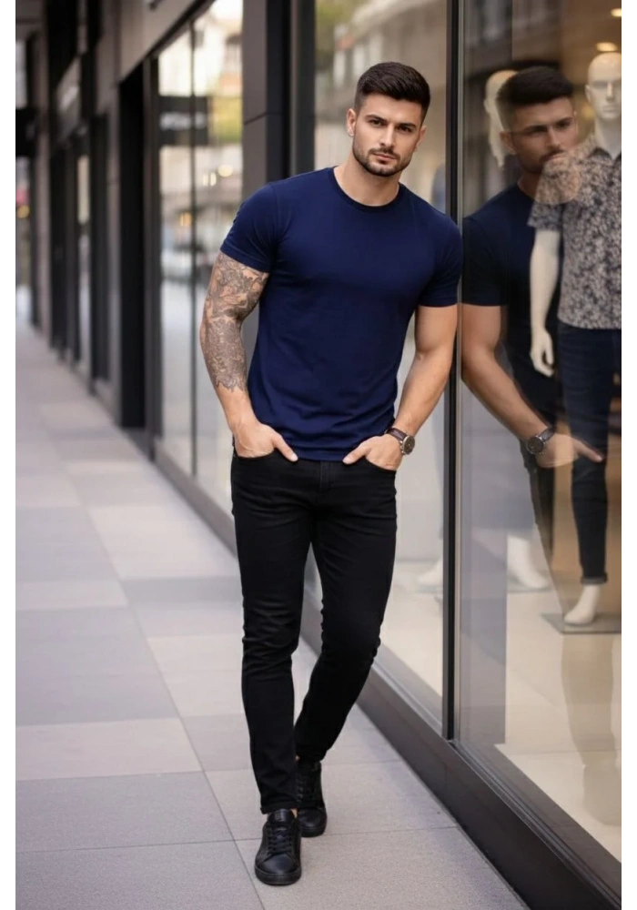 Erkek T-Shirt Bisiklet Yaka Slim Fit dar kesim Likralı Tişört Günlük Basic Body - Lacivert