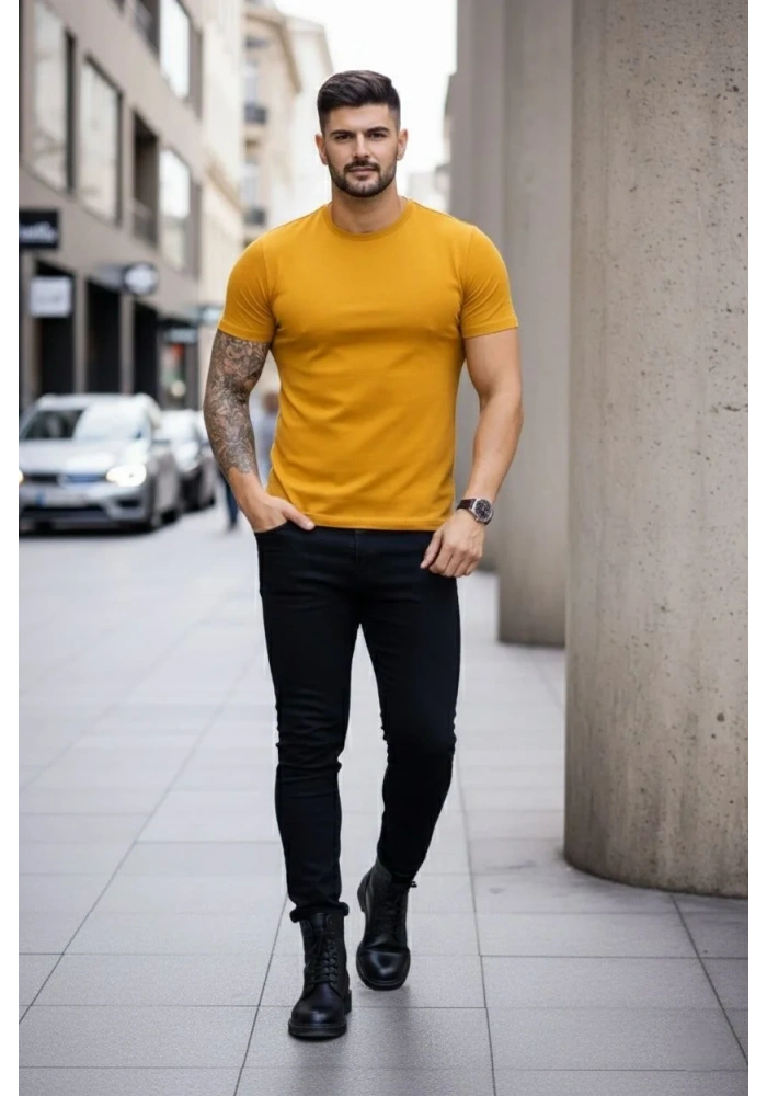 Erkek T-Shirt Bisiklet Yaka Slim Fit dar kesim Likralı Tişört Günlük Basic Body - Limon