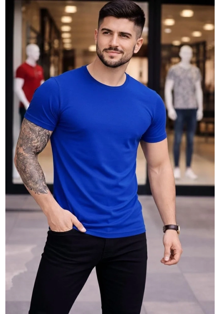 Erkek T-Shirt Bisiklet Yaka Slim Fit dar kesim Likralı Tişört Günlük Basic Body - Saks Mavisi