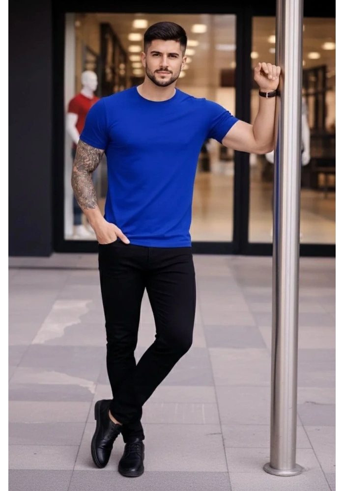 Erkek T-Shirt Bisiklet Yaka Slim Fit dar kesim Likralı Tişört Günlük Basic Body - Saks Mavisi