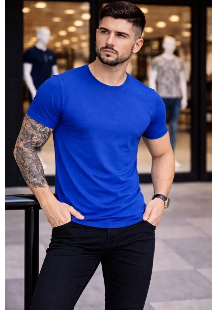 Erkek T-Shirt Bisiklet Yaka Slim Fit dar kesim Likralı Tişört Günlük Basic Body - Saks Mavisi