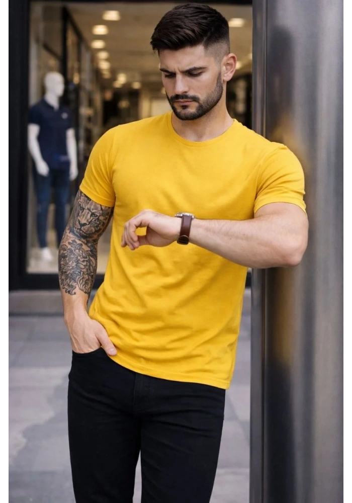 Erkek T-Shirt Bisiklet Yaka Slim Fit dar kesim Likralı Tişört Günlük Basic Body - Sarı