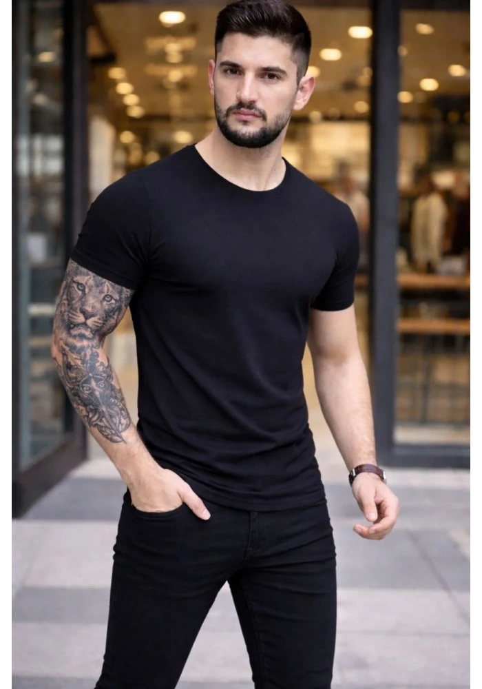 Erkek Body Tişört Bisiklet Yaka Slim Fit Likralı T-Shirt - Siyah