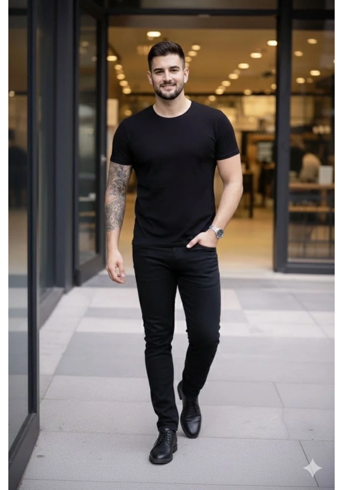 Erkek T-Shirt Bisiklet Yaka Slim Fit dar kesim Likralı Tişört Günlük Basic Body - Siyah