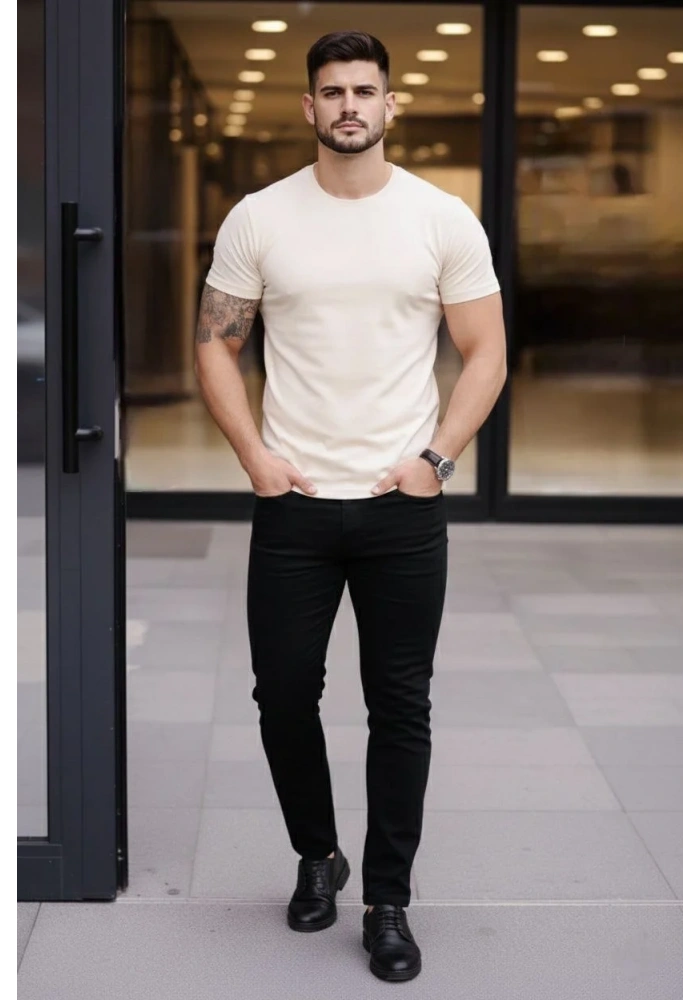 Erkek T-Shirt Bisiklet Yaka Slim Fit dar kesim Likralı Tişört Günlük Basic Body - Taş