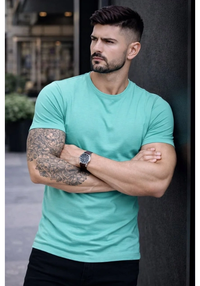 Erkek T-Shirt Bisiklet Yaka Slim Fit dar kesim Likralı Tişört Günlük Basic Body - Turkuvaz
