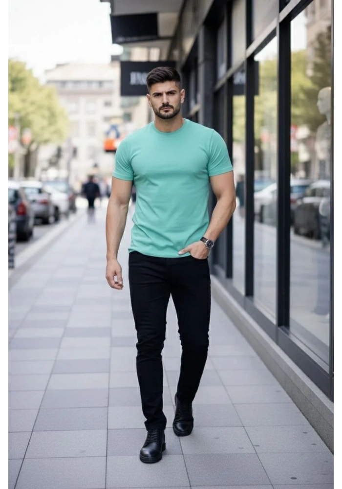 Erkek T-Shirt Bisiklet Yaka Slim Fit dar kesim Likralı Tişört Günlük Basic Body - Turkuvaz