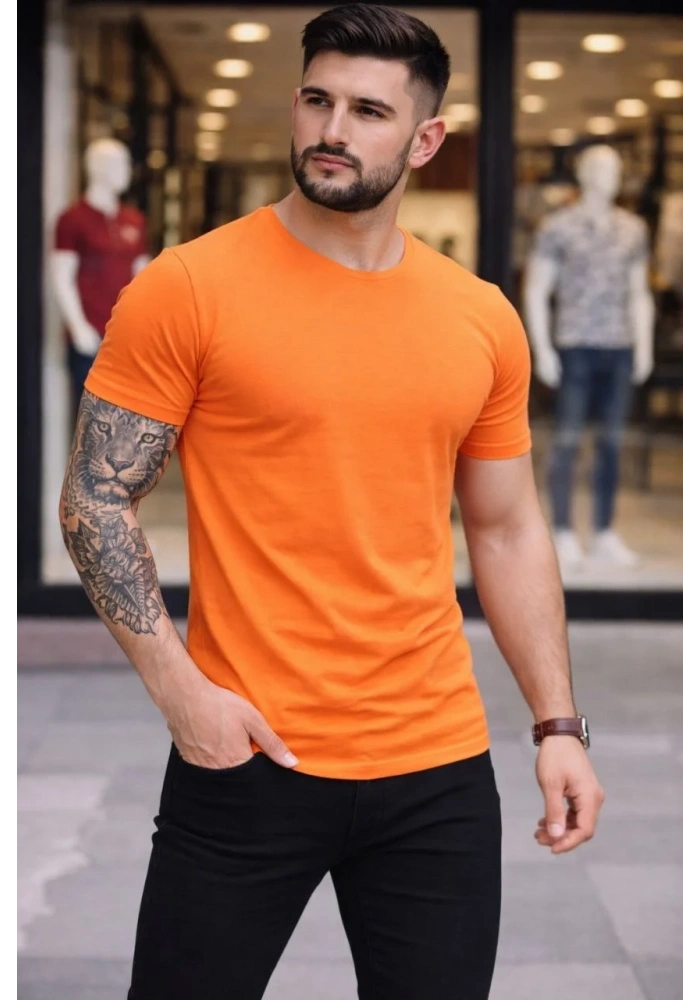 Erkek T-Shirt Bisiklet Yaka Slim Fit dar kesim Likralı Tişört Günlük Basic Body - Turuncu