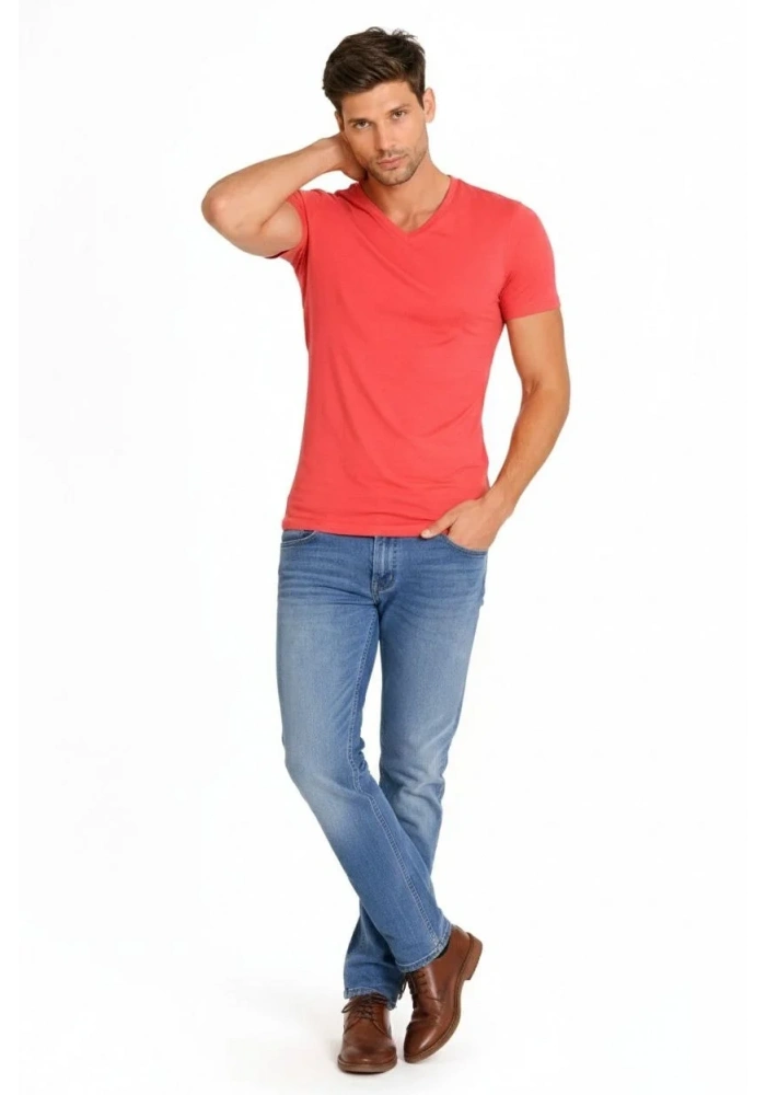 Erkek T-Shirt V Yaka Slim Fit dar kesim Likralı Tişört Günlük Basic Body - Nar Çiçeği