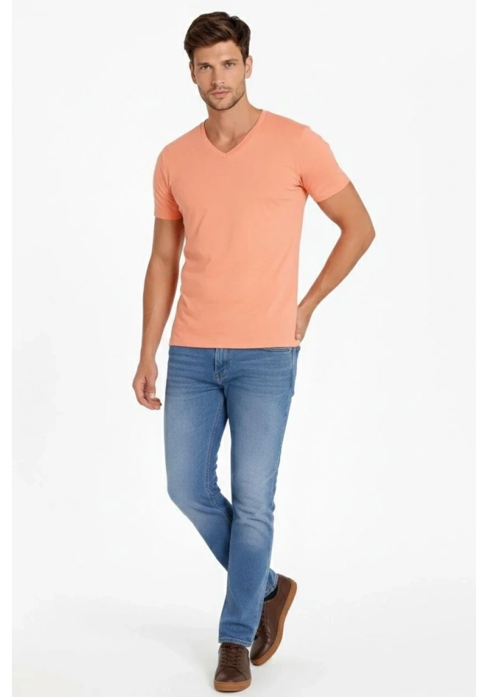 Erkek T-Shirt V Yaka Slim Fit dar kesim Likralı Tişört Günlük Basic Body - Toz Pembe