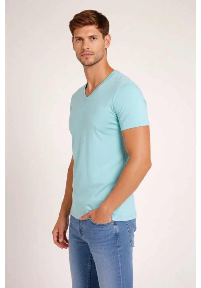 Erkek T-Shirt V Yaka Slim Fit dar kesim Likralı Tişört Günlük Basic Body - Turkuvaz