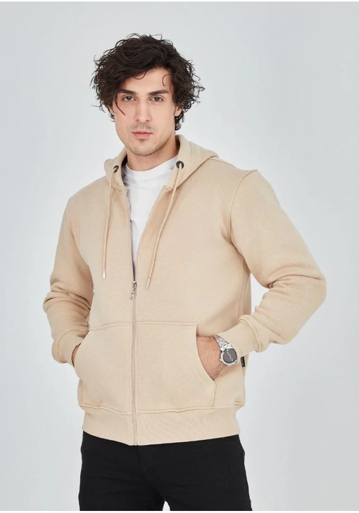 Erkek 3 İplik Pamuklu Kapüşonlu Tam Fermuarlı Cepli Hoodie Sweatshirt - Bej