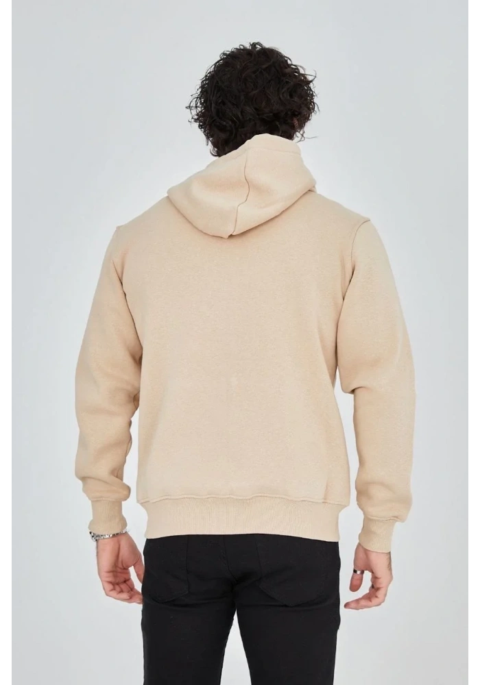 Erkek 3 İplik Pamuklu Kapüşonlu Tam Fermuarlı Cepli Hoodie Sweatshirt - Bej