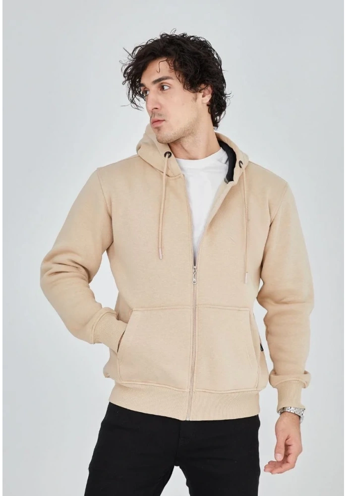 Erkek 3 İplik Pamuklu Kapüşonlu Tam Fermuarlı Cepli Hoodie Sweatshirt - Bej