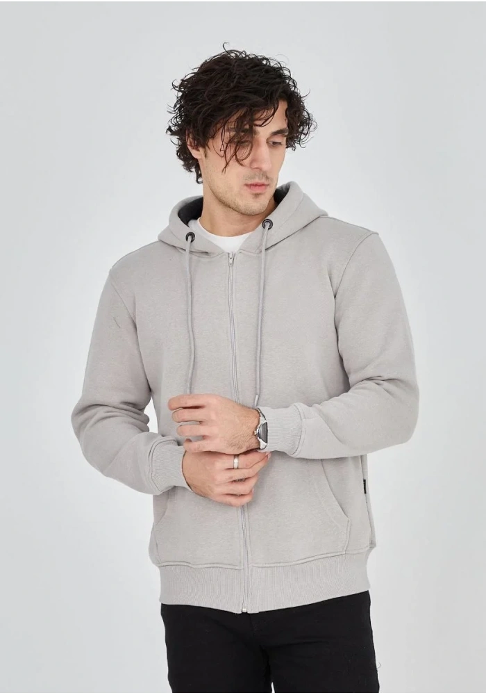 Erkek 3 İplik Pamuklu Kapüşonlu Tam Fermuarlı Cepli Hoodie Sweatshirt - Boyalı Gri