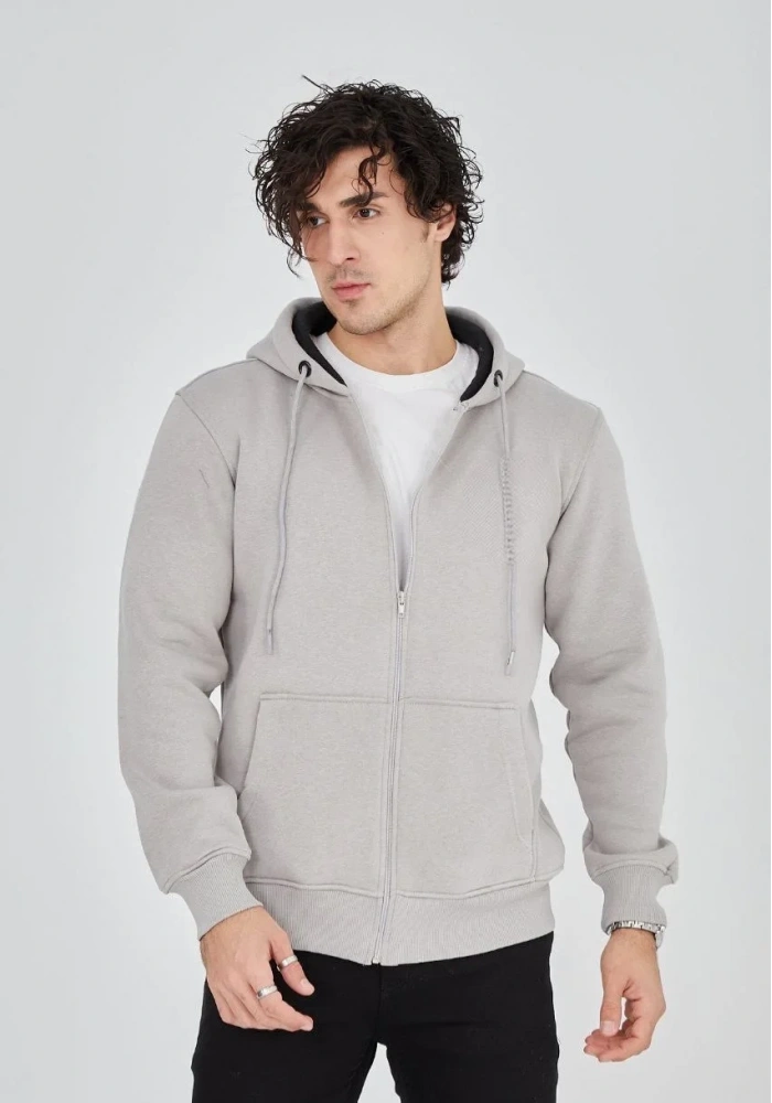 Erkek 3 İplik Pamuklu Kapüşonlu Tam Fermuarlı Cepli Hoodie Sweatshirt - Boyalı Gri