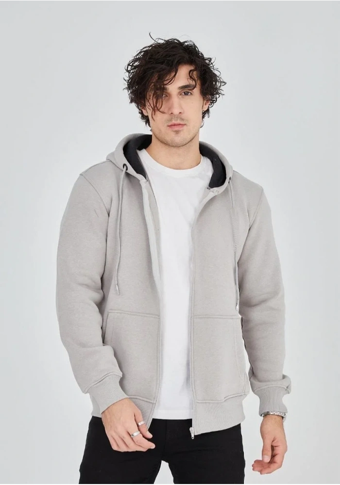 Erkek 3 İplik Pamuklu Kapüşonlu Tam Fermuarlı Cepli Hoodie Sweatshirt - Boyalı Gri