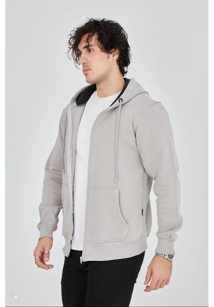 Erkek 3 İplik Pamuklu Kapüşonlu Tam Fermuarlı Cepli Hoodie Sweatshirt - Boyalı Gri