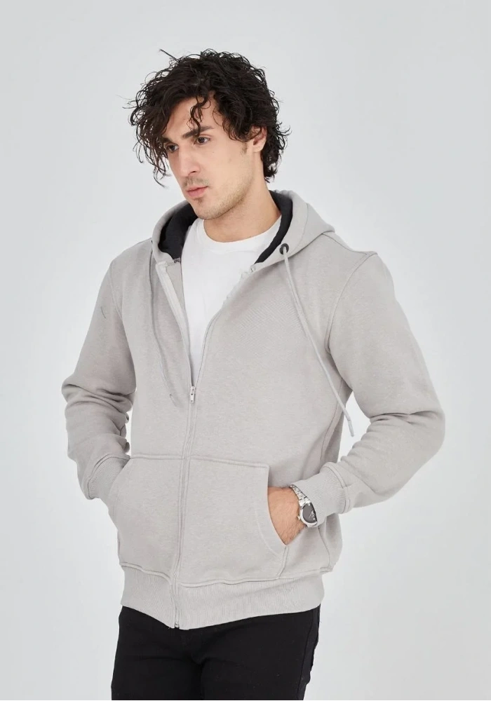 Erkek 3 İplik Pamuklu Kapüşonlu Tam Fermuarlı Cepli Hoodie Sweatshirt - Boyalı Gri